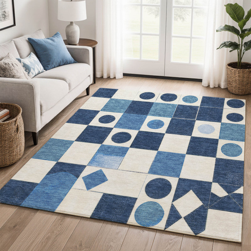 Tapis géométrique lavable à la machine de qualité supérieure Mayfield, Bleu, 10 pi x 14 pi