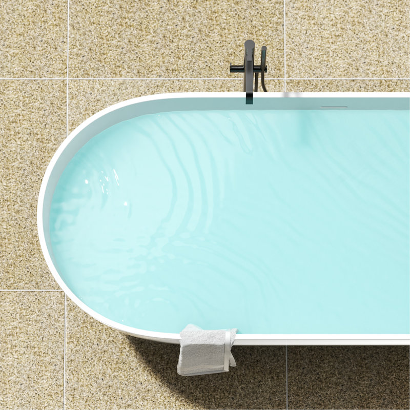 Baignoire autoportante de 63 po à surface solide, baignoire de trempage autoportante en résine d'ingénierie de luxe avec trop-plein et bonde escamotable pour salle de bain contemporaine, blanc mat