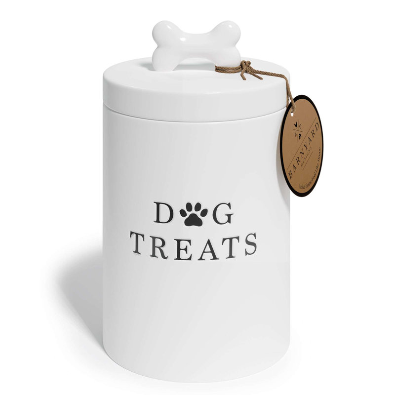 White Ceramic Airtight Dog Treat Jar with Bone Handle
