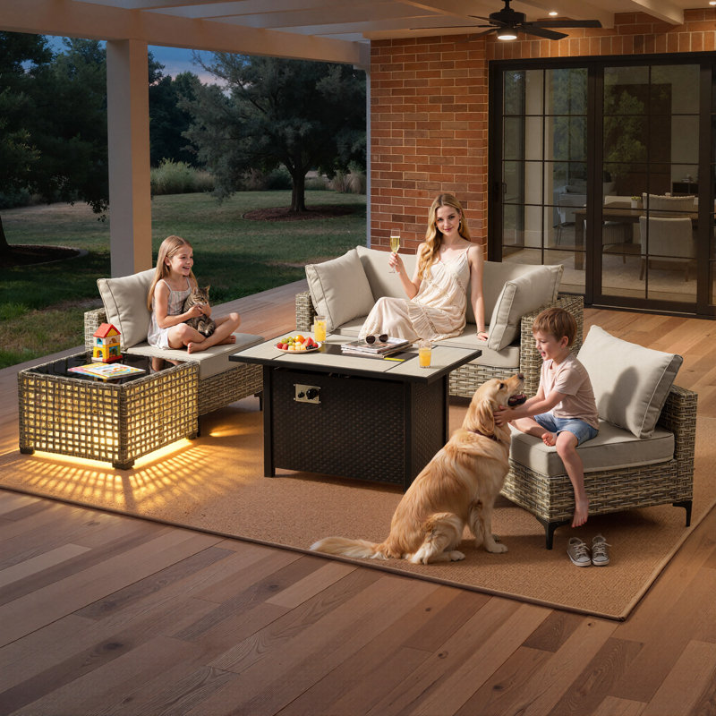 6- Piece Outdoor Patio Furniture Set with Fire Pit Table, All - Weather Wicker, Thick Padded Cushions, Sectional Sofa & Chairs for Garden, Backyard & Patio