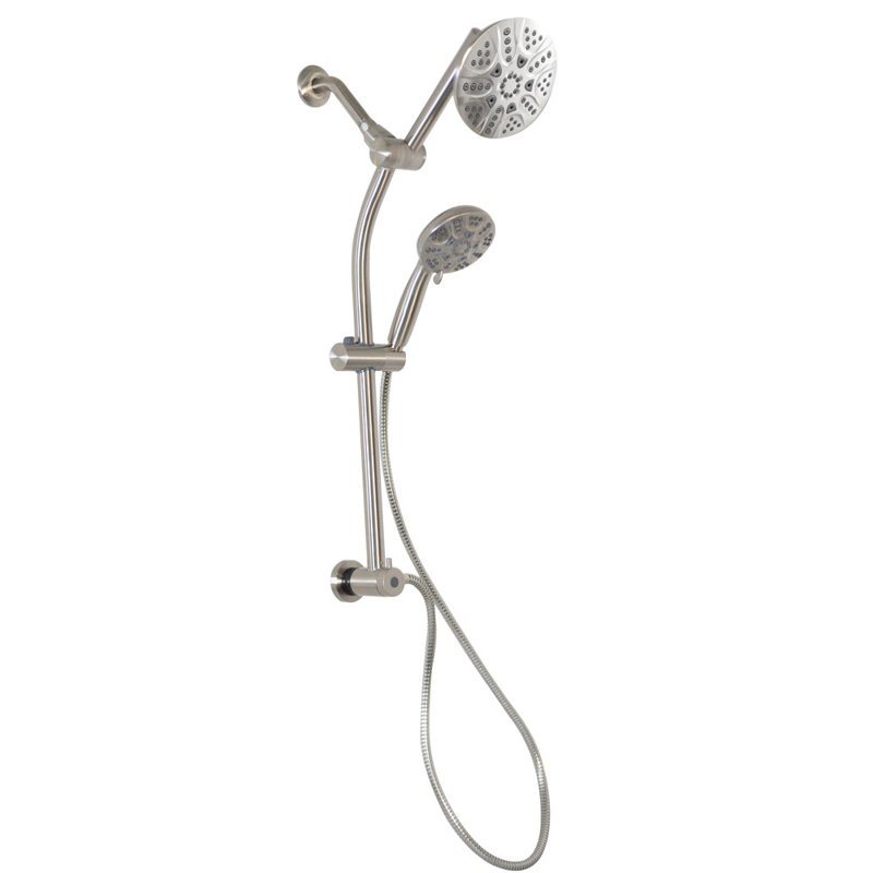 Ensemble de douche avec barre d'extension de dérivation réglable, pomme de douche à 5 fonctions 6 po et main, Nickel satiné