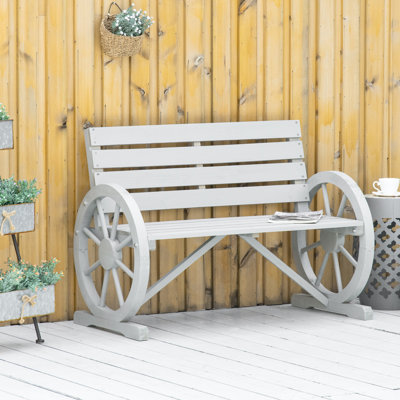 Outdoor Rustic 2 Bench - 41" Wooden Wagon Wheel, Gray, Weather , , Solid Fir Wood Construction Gray Bench, With Wheel And Weather- Seat