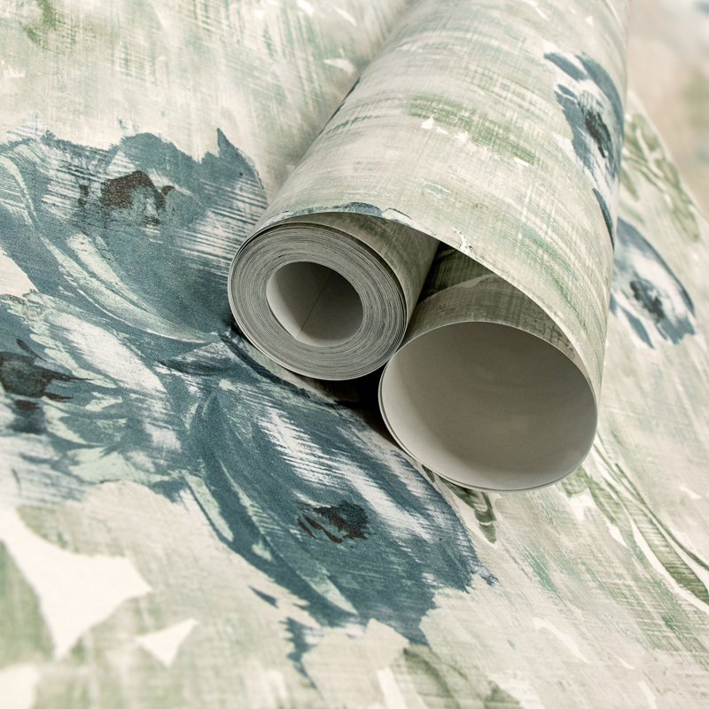 Julie Feels Home Collection Glitter/Shimmer Large Petunia Flowers Wallpaper Roll, 110.2'' W x 9.8' L, Steel Blue Sage