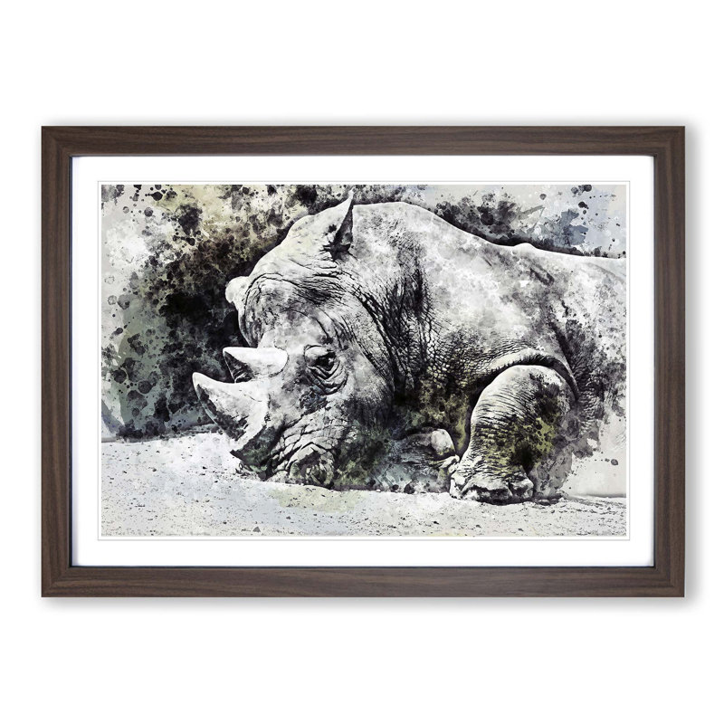 Resting Rhino in Abstract - Picture Frame Painting Print on MDF, Walnut Framed, 27cm H x 36cm W x 2cm D