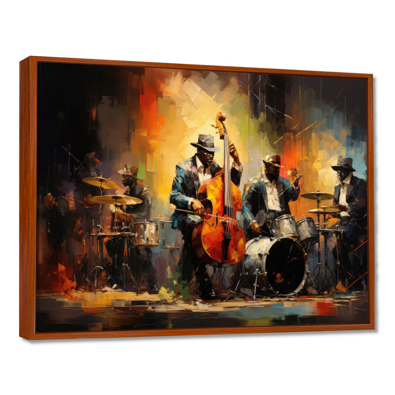 Beira jaune orange Jazz Band - art mural de danse pour le salon, H 12 po x l 20 po, Reproduction avec cadre flottant, Brun