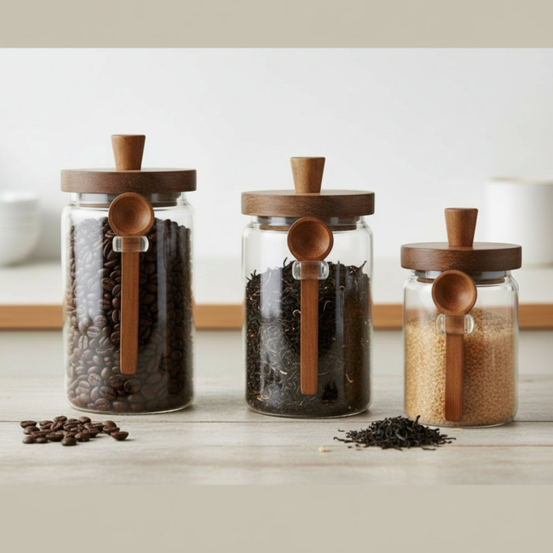  Contenants en verre pour aliments avec couvercles hermétiques et cuillères, paquet de 3, pour articles de café, thé, céréales, épices et garde-manger, écologiques et sans BPA