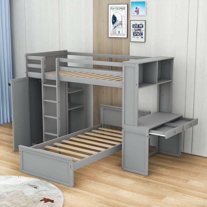 Gulshad Kids Twin Over Twin Bunk Bed with Drawers, Gray