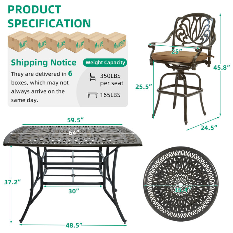 10-Piece Outdoor High Patio Dining Set, All Weather Cast Aluminum Outdoor Bar Table And Chairs Set, Includes 8 Swivel Bar Stools & 63.98" Bar Height Dining Table With 35.38" Lazy Susan, Umbrella Hole