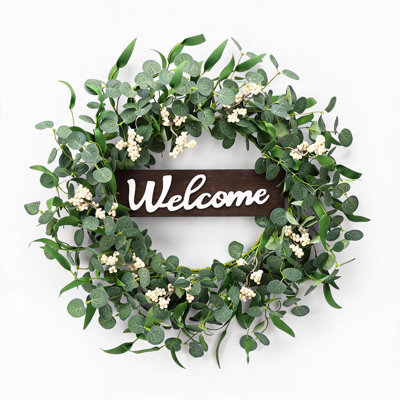 Couronne en forme de feuille d'eucalyptus Welcome, couronne artificielle verte de 20 po avec baies blanches, porte d'entrée pour le printemps et l'été, mur, porche ou fenêtre, décoration extérieure de maison de campagne