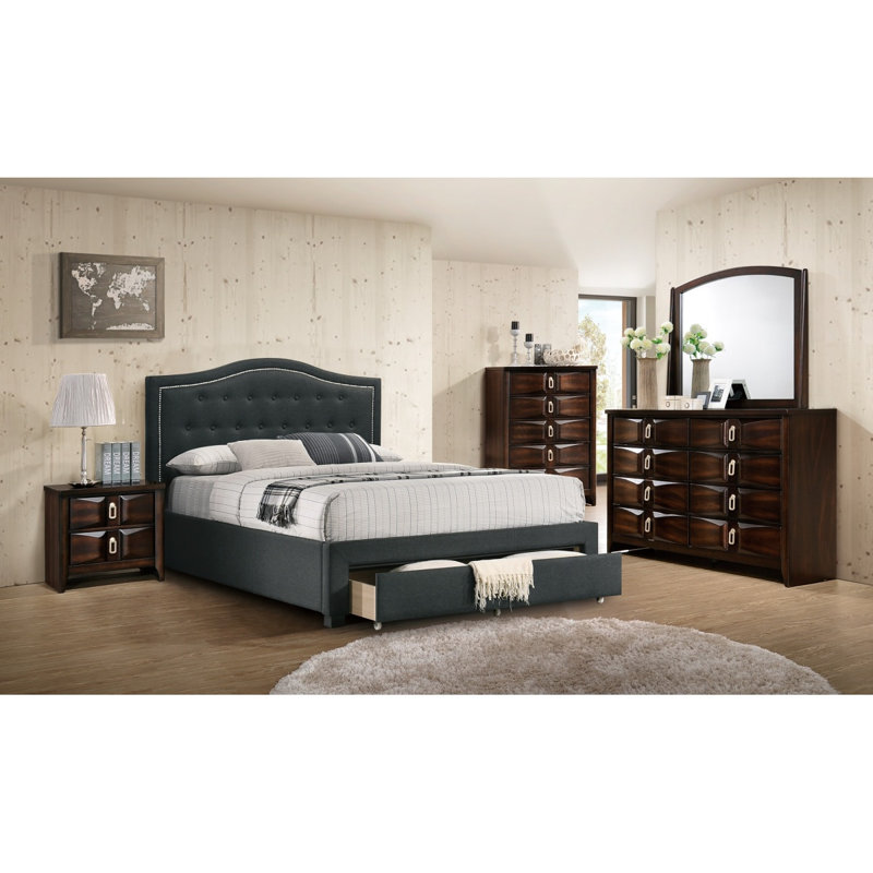 Lit de grand lit en tissu gris anthracite en toile de jute avec tiroir et capitonnage, Queen