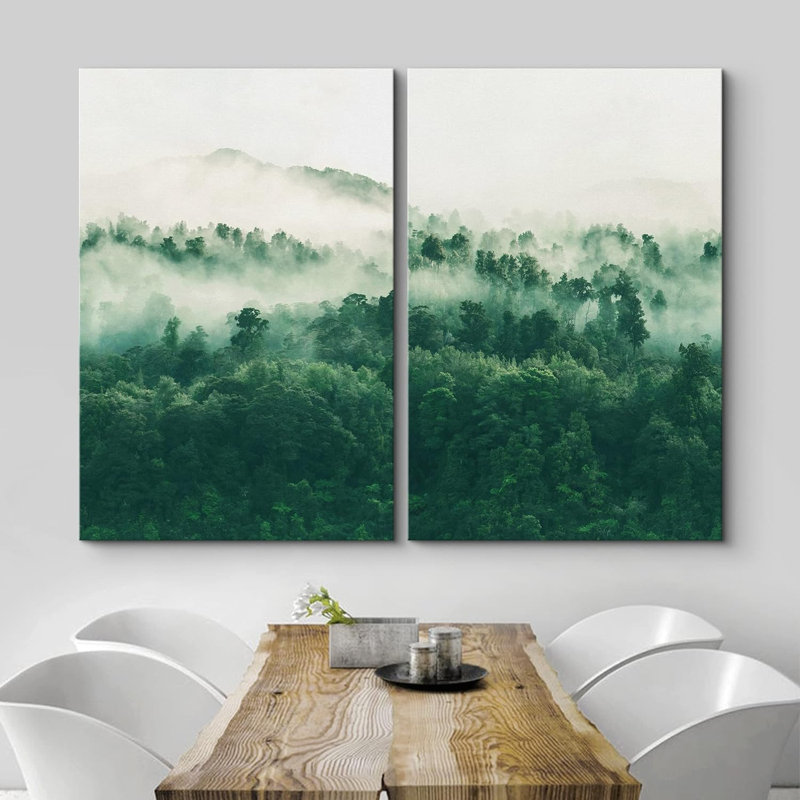 Vue aérienne de la forêt de montagne verte brumeuse, impression de paysage, 2 pièces, H 36 po x l 48 po x P 1,5 po