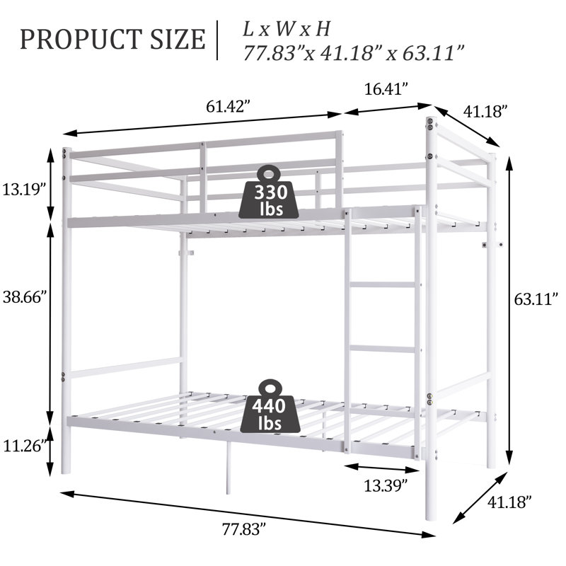 Lit superposé avec échelle et lit superposé en métal à garde-corps haut, espace de rangement, silencieux, lit simple au-dessus d'un lit simple, blanc