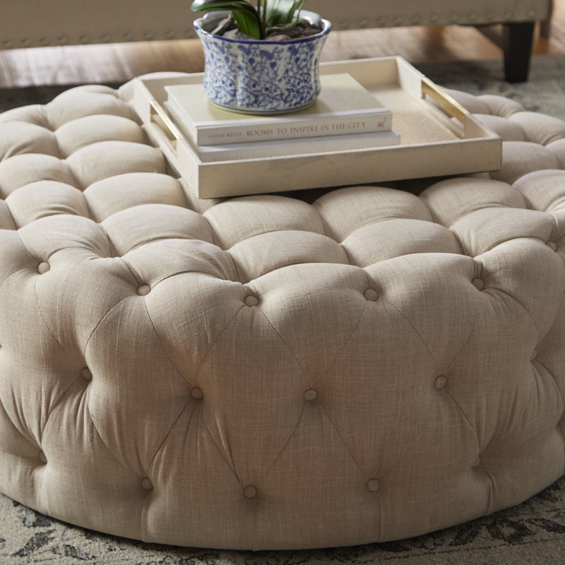 Willa 42" W Tufted Round Cocktail Ottoman, Light Gray Velvet, Velvet