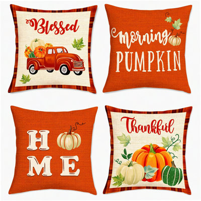 Autumn Harvest Pillow Set - Decorative Covers with Pumpkin, Maple Leaf & Thanksgiving Designs for Fall Decoration - Set of 4