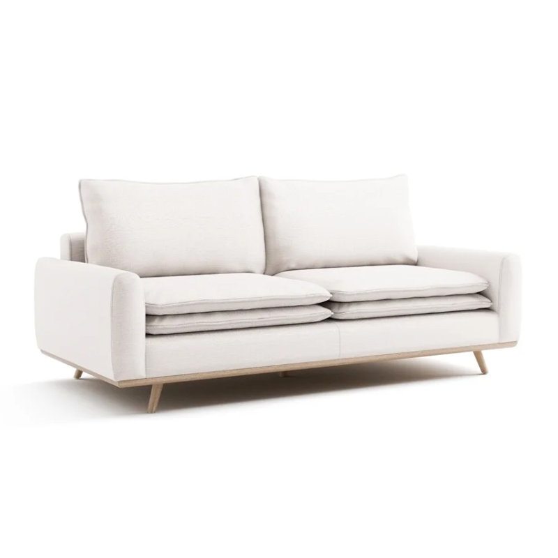 Canapé Yaana avec coussins en mélange de plumes, bois, 83 po, Brun chêne, Blanc