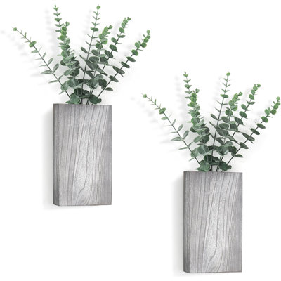 2 Pack Wood Wall Planter Vase With Artificial Eucalyptus Farmhouse Wall Hanging Decor Pocket Planter For Indoor Fake Plants Greenery, Living Room Bedroom Kitchen Home Office Decoration, Grey