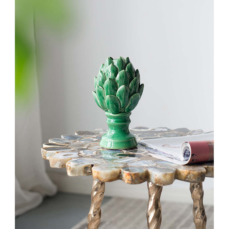 7.5” Green Ceramic Artichoke Sculpture, Decorative Pedestal Statue for Mantel, Tabletop, Sideboard, or Centerpiece