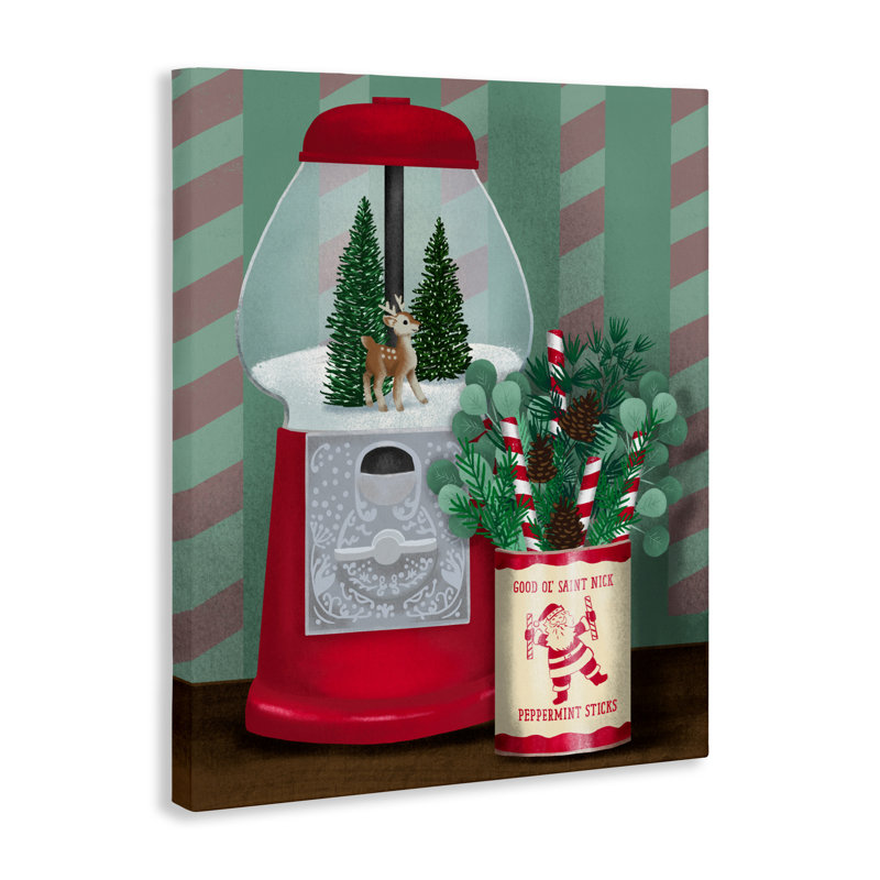 Toile de Noël rétro avec machine à boules de Noël, design par Jilly Jack Designs, H 20 po x l 16 po