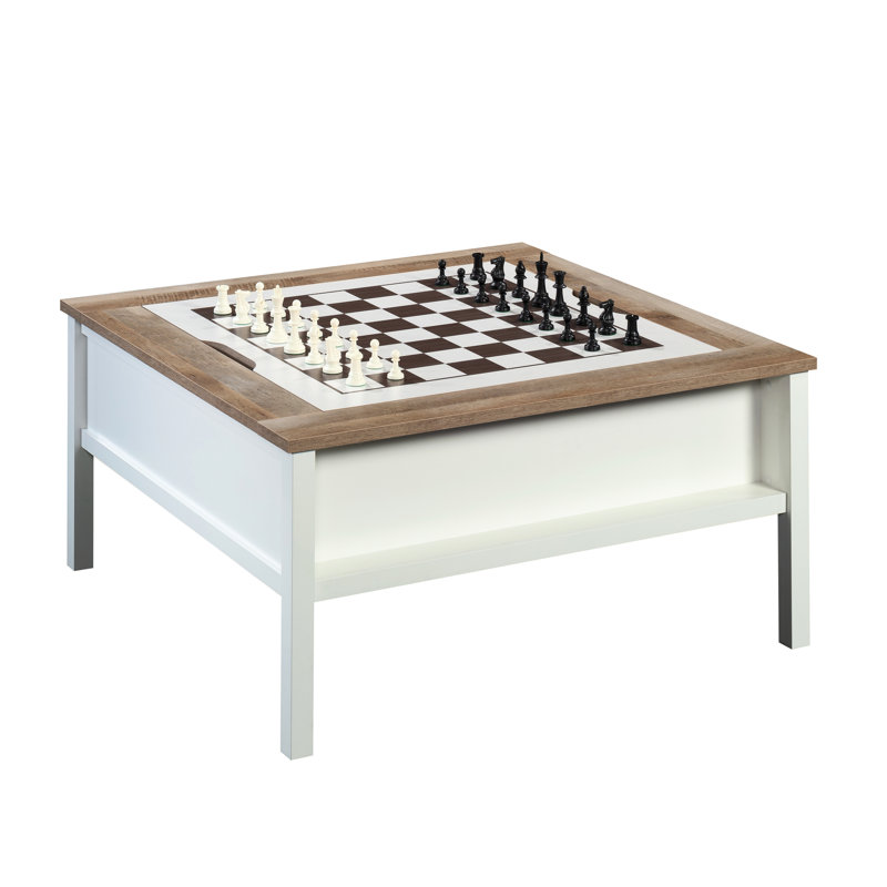 Table basse carrée blanche avec plateau d'échecs amovible, tablette cachée, détails en chêne, conception, installation rapide, carré de 37,68 po, accent inférieur de 19,54 po, assemblage facile,