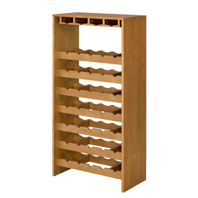 Oak Finish 7 Tier Wine Rack With 35 Bottles Holding And 4 Cup Holders, Built - In Stemware For Dining Room, Particle Board Makeup, 24 Depth, 12 Width, 48 Height Wooden Storage,