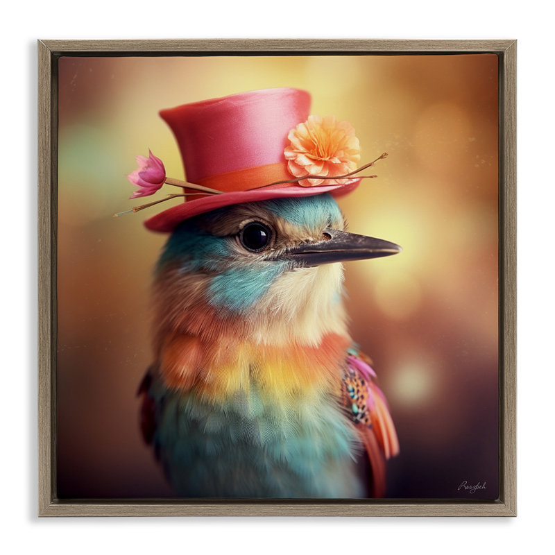 Oiseau pastel au chapeau, Cadre flottant orme Montalcino, H 25 po x l 25 po