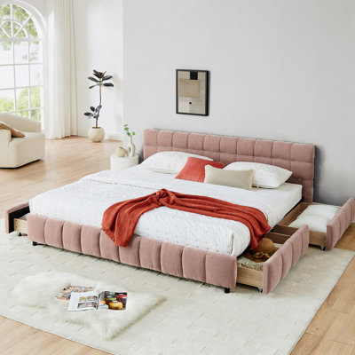 Comfortable Upholstered Bed With Headboard And Solid Frame, Featuring Drawers For Storage, Ideal For A Relaxing Bedroom Retreat.