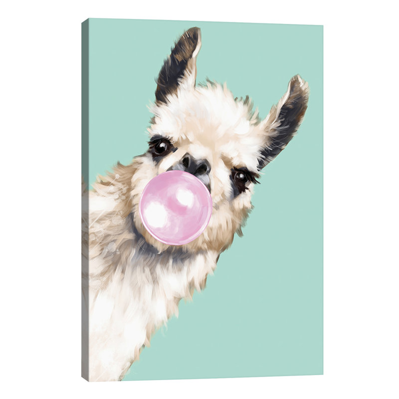 Sneaky Llama Blowing Bubble Gum In Green by Big Nose Work - Print on Canvas, No Frame, 101.6 cm H x 66.04 cm W x 3.175 cm D