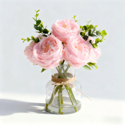 Artificial Roses in Glass Vase, 13x10 Inch Fake Flowers with Real Touch Feel & Artificial Water, Lifelike Silk Rose Centerpiece for Table, Home, Office, Wedding Decor, Thanksgiving & Christmas Gift