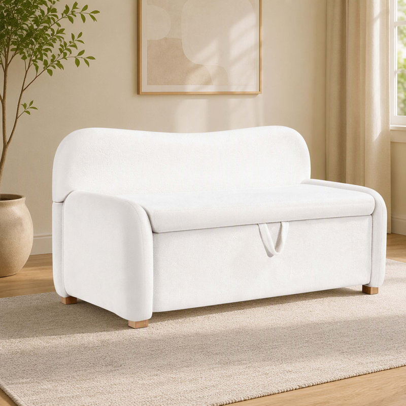 Banc ottoman de 140 cm en imitation peau de mouton, dossier blanc, avec rangement, siège de bout de lit pour chambre à coucher