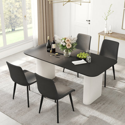 70" Rectangular Dining Set for 4–6 People, Faux Leather Dining Chairs with Wide Seats and Black Metal Legs, Dining Room and Kitchen Furniture