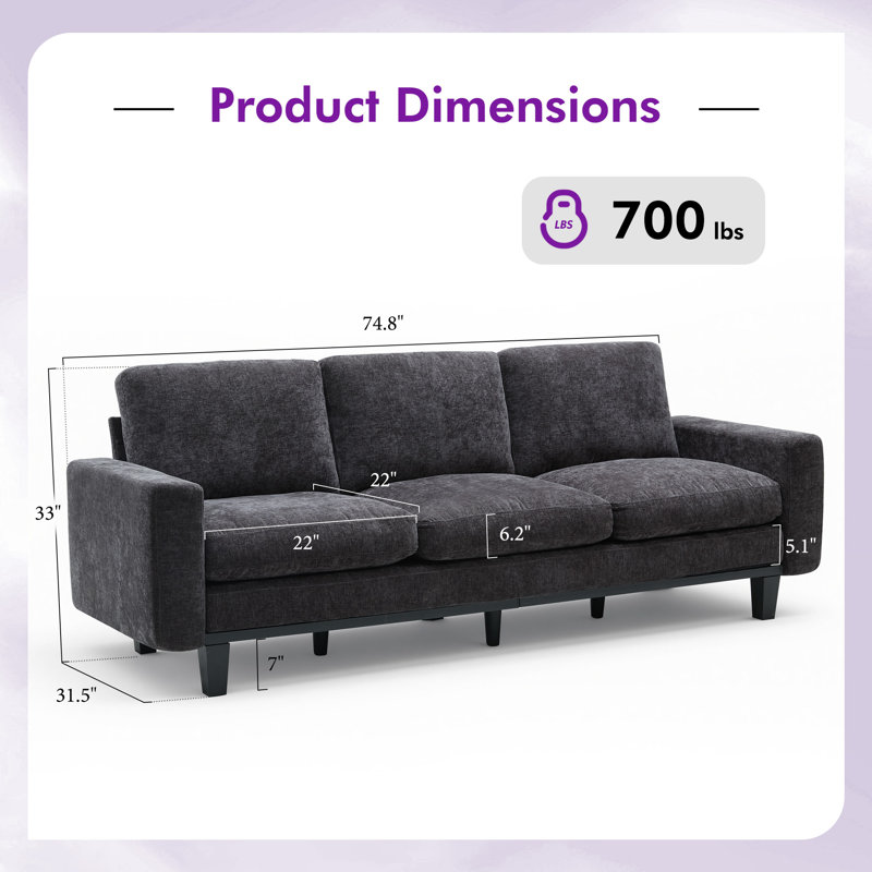 75" Modern  Chenille Upholstered 3 Seater Sofa with Deep Seat, Dark Gray, Gray Chenille