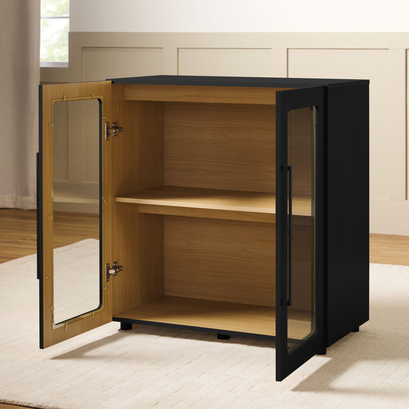 Modern 32" Glass Door Modular Accent Cabinet, Black, 34.25" H x 32" W x 16.5" D