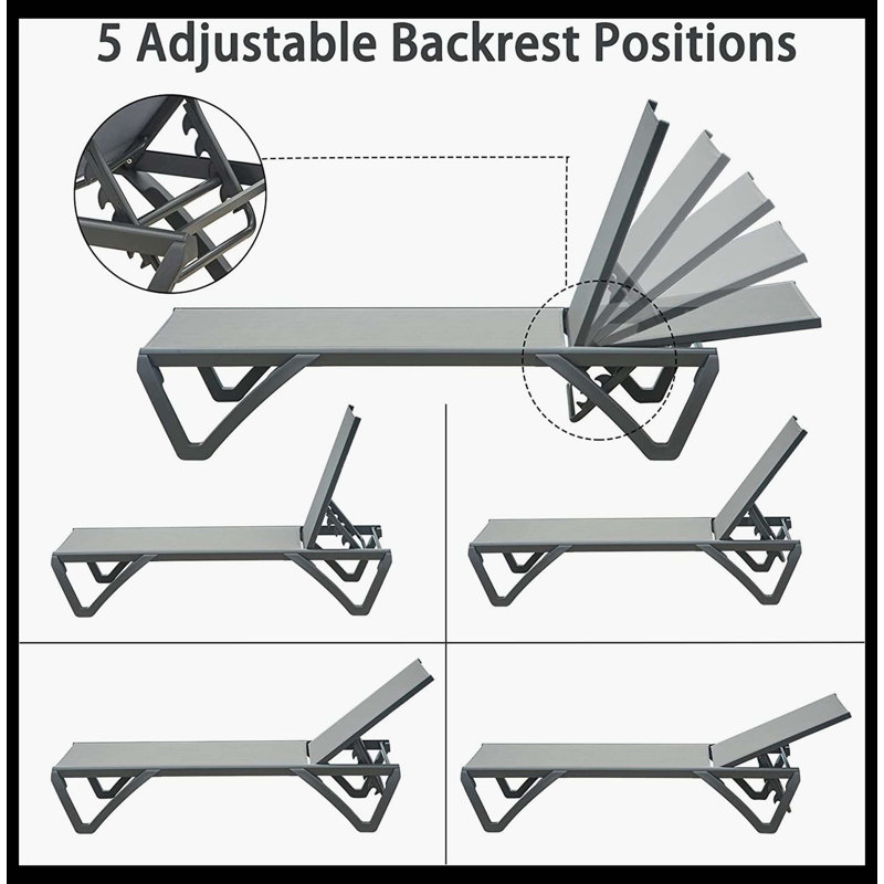 Chaises longues d'extérieur en polypropylène en aluminium pour patio, chaises longues à dossier réglable près de la piscine, durables pour la plage, la cour et le balcon (gris, 2 chaises longues)