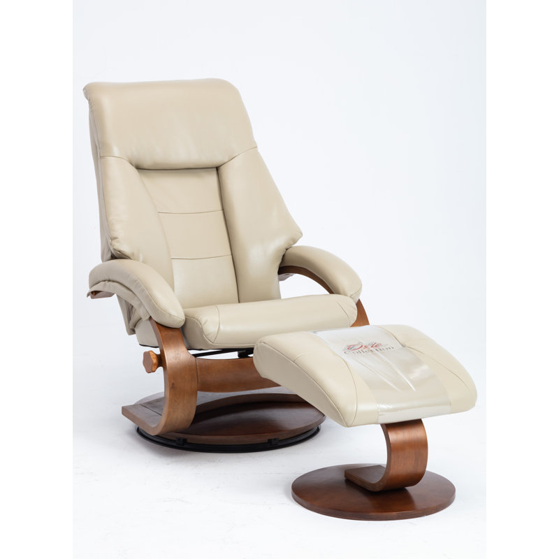 Beige Leather Swivel Recliner with Walnut Base and Ottoman