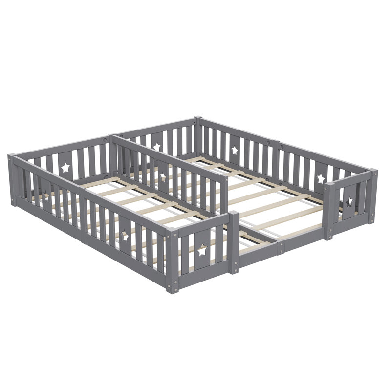 Solid Wood Montessori Floor Bed With Star Guardrails, For Two 90X200cm European Single Beds, Twin Kids Playpen Bed, Grey, 1