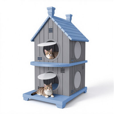 Niche extérieure à deux niveaux en résine résistante aux intempéries, abri surélevé à deux étages pour chats errants avec 4 entrées rondes et plateforme de repos, maison d'intérieur/extérieur pour chats, petits chiens et lapins