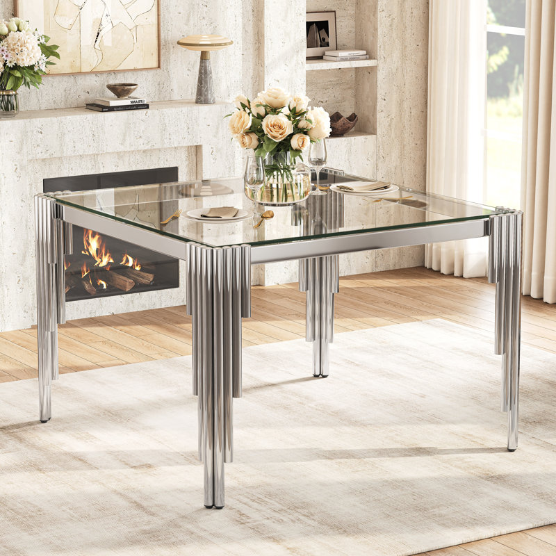 Modern Metal And Glass Dining Table Set With 4 Luxury Velvet Dining Chairs, Clear, Black/Silver, Silver