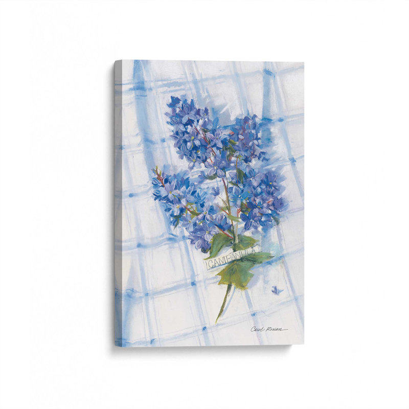 «Campanula on Linen» par Carol Rowan, reproduction d'art sur toile, H 16 po x l 12 po