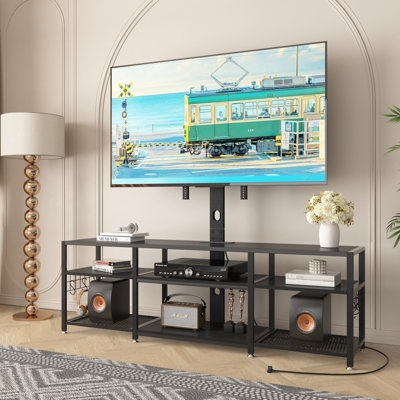 Meuble télé 62 po avec support et prises de courant pour téléviseurs de 42 à 75 po, meuble télé pivotant avec tablettes de rangement à 3 niveaux, grand meuble télé réglable en hauteur avec ports USB