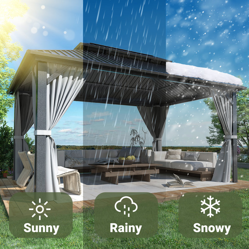 10 ft. x 14 ft. Hardtop Gazebo with Aluminum Frame,Double Roof Gazebo with Nettings and Curtains