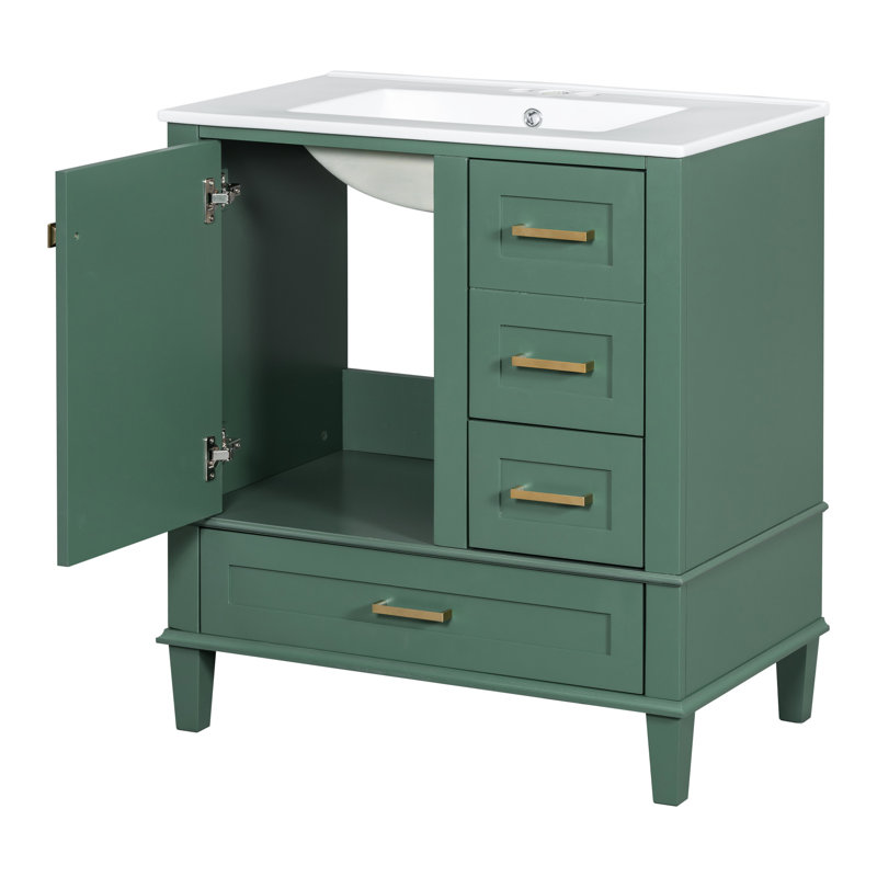 Meuble-lavabo de 30 po - Armoire moderne avec lavabo. Bois massif, porte à fermeture en douceur, 3 tiroirs. Comptoir en céramique. Élément gracieux. Armoire de rangement au design élégant. Structure en bois, tiroirs et porte lisse