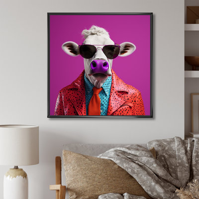 Purple Sunglass Suited Cow Fashion - Cow Animal Wall Art