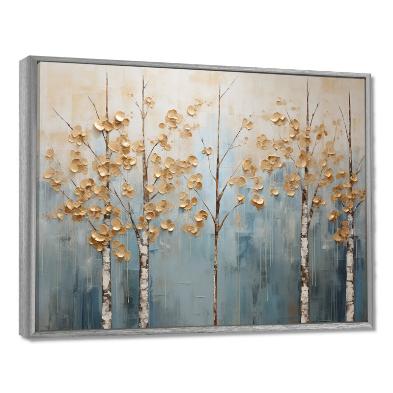 Minimalisme, arbres dorés et bleus, paysage II - art mural arbres, 24" H x 32" W, Encadrement argenté