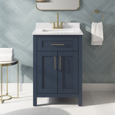 Tahoe 24 in. Midnight Blue Freestanding Bathroom Vanity, Engineered Stone Top with Backsplash, Satin Brass Hardware