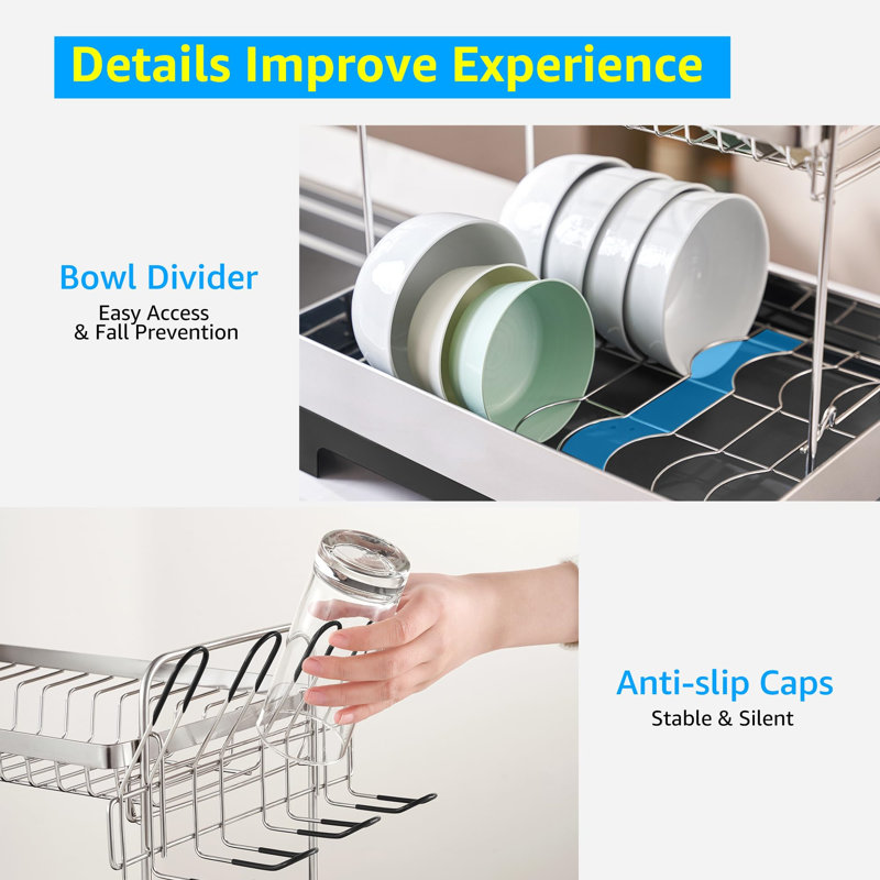 Extra Large Stainless Steel 2-Tier Dish Drying Rack with Utensil Cup