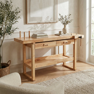 Établi professionnel en bois massif de 60 pouces avec deux tiroirs et une tablette ouverte, finition naturelle pour les projets de menuiserie de garage, d'atelier et de maison