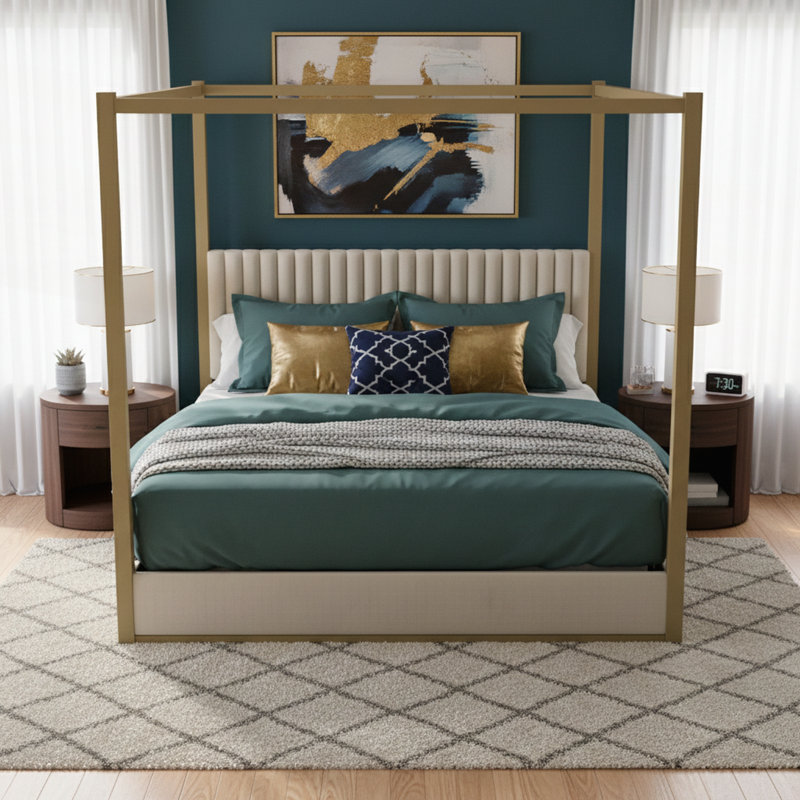 Très grand lit plateforme à baldaquin avec tête de lit et structure en métal pour chambre à coucher moderne, Beige
