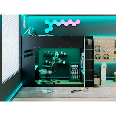 Full Size Wood Loft Bed With Height-Adjustable Desk,Drawers,Storage Compartments,Hanging Rod And RGB Lights