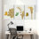 Plantes et fleurs, fleurs dorées et papillons, ensemble de 3 impressions sur toile