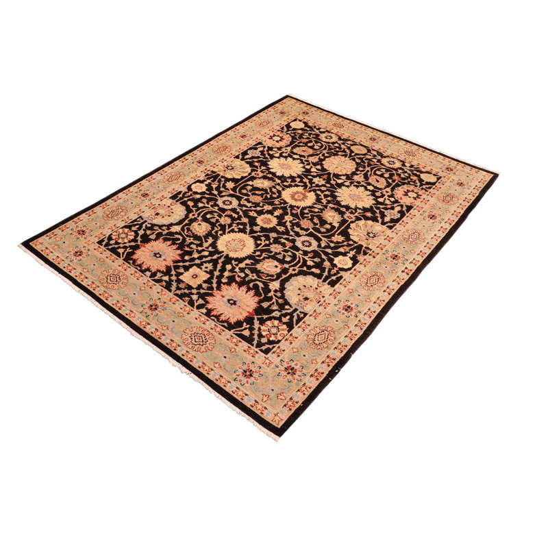 Tapis noir en laine noué à la main à motif floral 5 pi 11 po x 8 pi 10 po Baccio